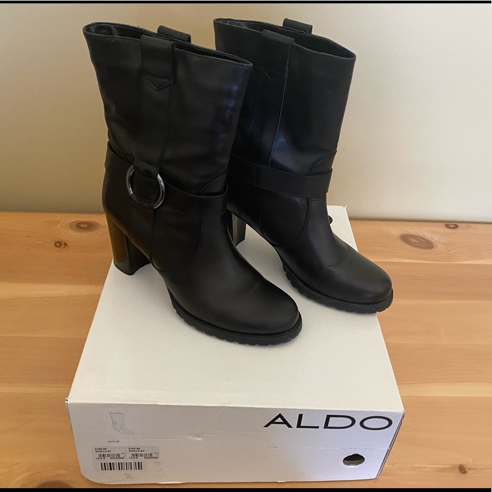 Aldo Black Leather Mid-Calf Heeled Boots